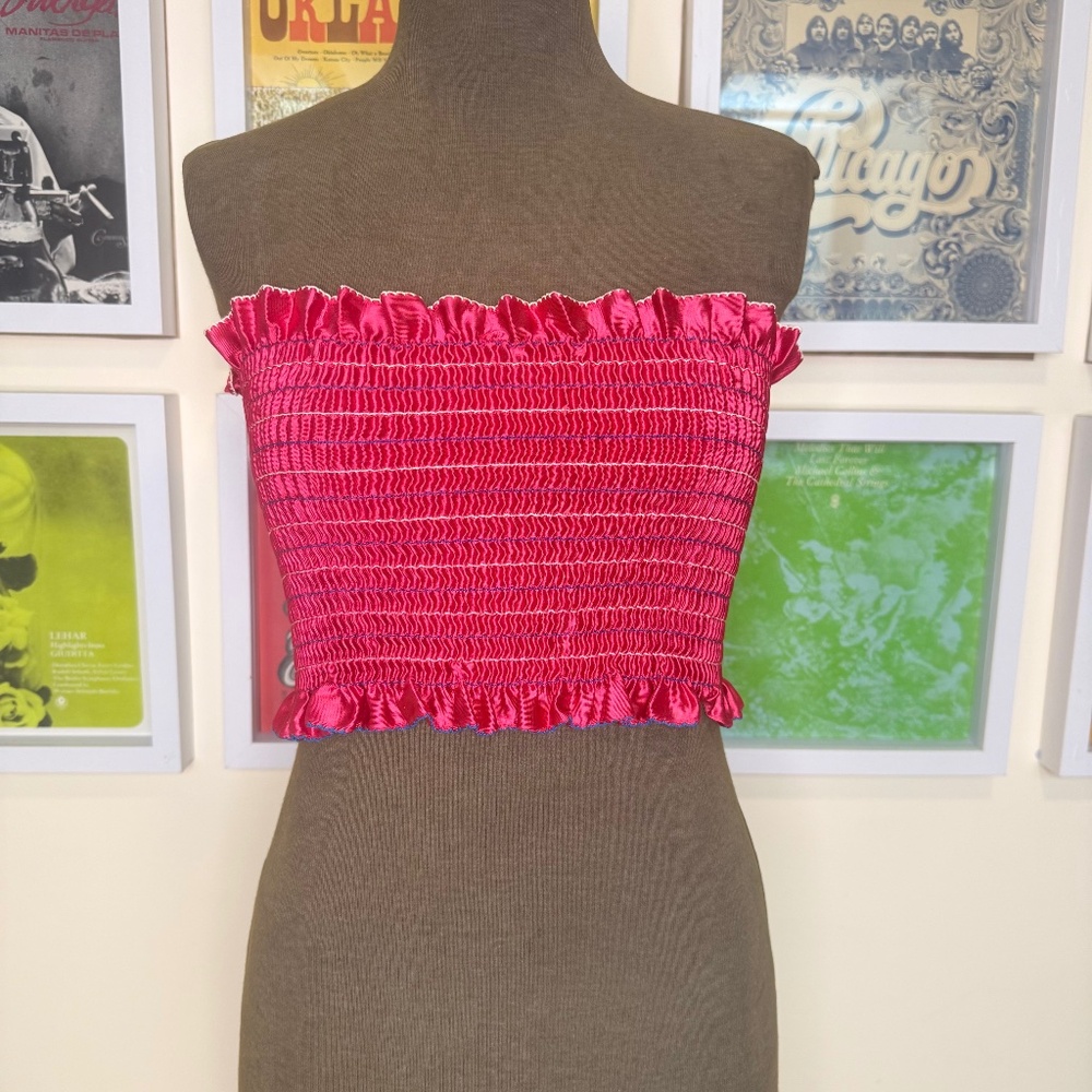 Vintage 80s Pink Satin Smocked Bandeau Tube Top 💖✨